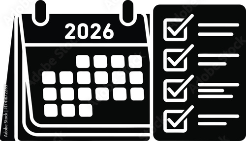 Black and white icon of a 2026 calendar next to a completed checklist, symbolizing planning and achievement.