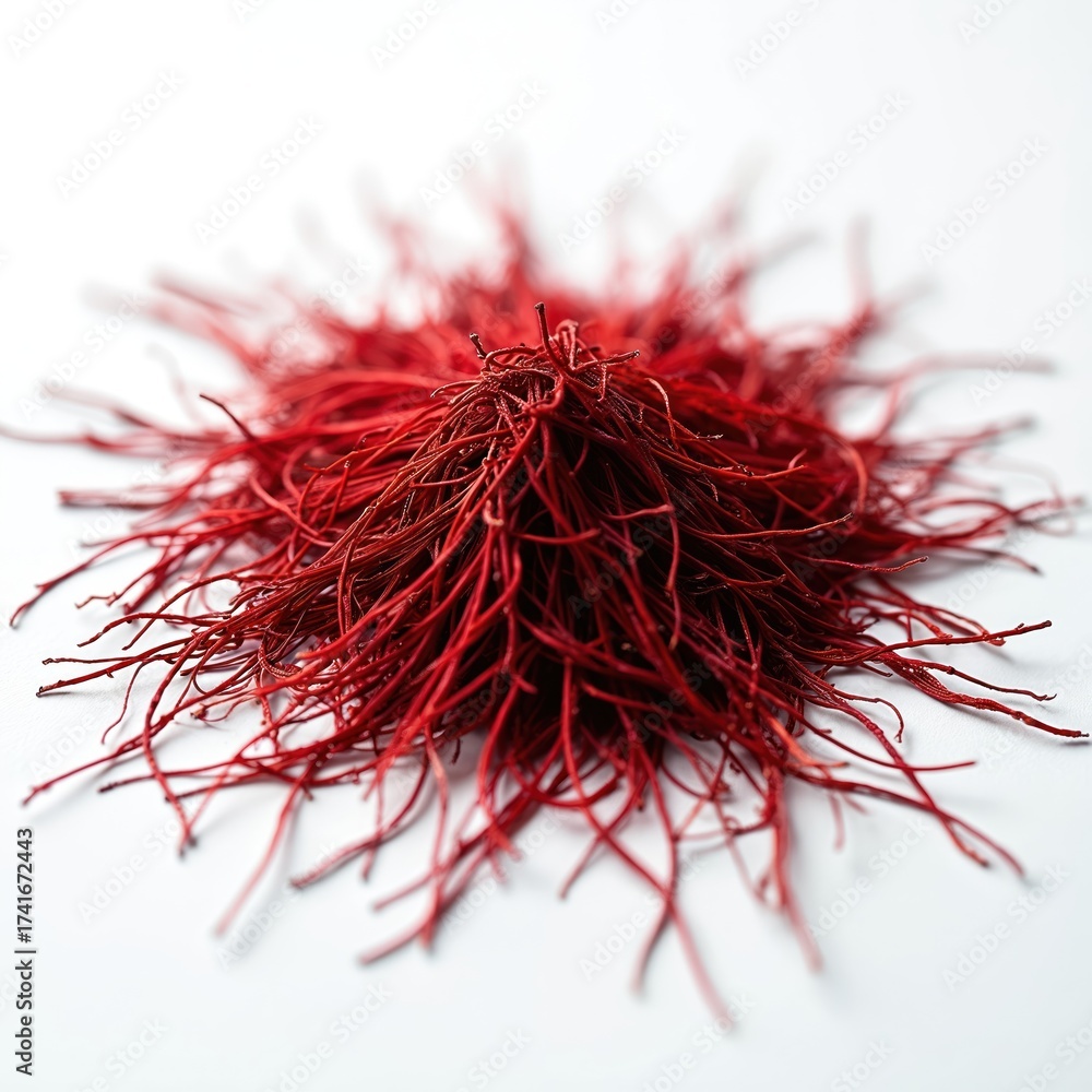 Naklejka premium Close-up view of bright red saffron threads. This luxurious spice is isolated on a clean white surface, highlighting its delicate texture and vibrant color.