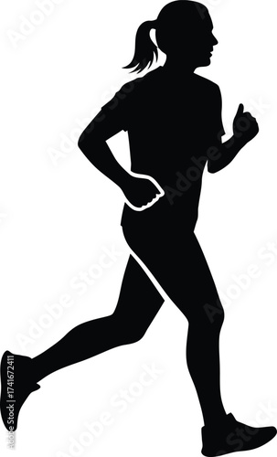 Black silhouette of a female runner in motion, with a ponytail, against a white background, depicting an active lifestyle.