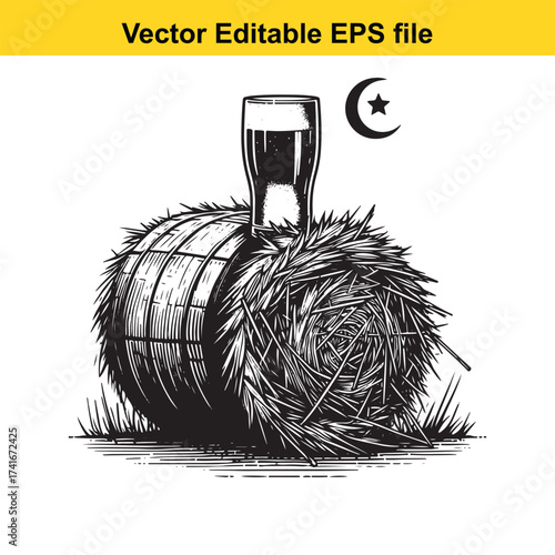 Vector art of glass of beer on a hay bale with a moon and stars