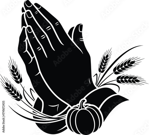 Silhouette of praying hands with wheat stalks and a pumpkin, Thanksgiving theme.