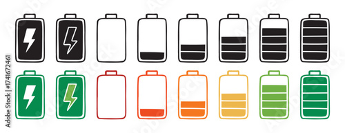 battery indicator color and black charge doodle hand drawn icon set. Outline drawing line clipart symbol collection