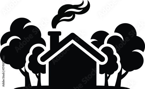 Silhouette of a house with smoke coming from the chimney, surrounded by trees.