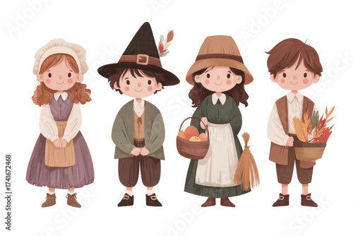Cute cartoon children dressed in pilgrim and witch costumes vector illustration for Thanksgiving and Halloween isolated on white background