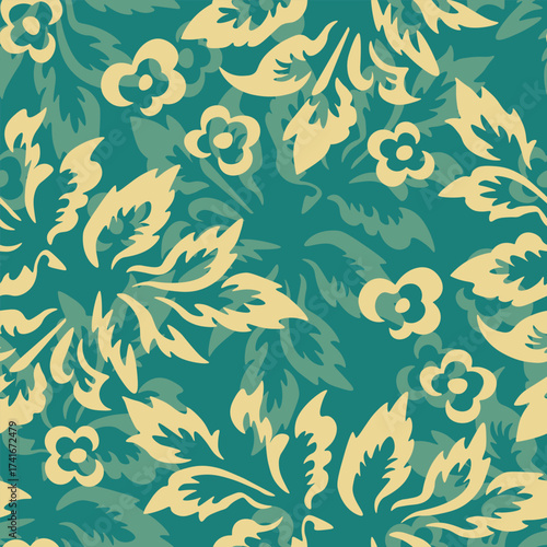 Seamless blooming floral pattern based on hand drawn art ornaments. Colorful flowers on color background. Vector illustration. Simple minimalistic pattern for fabric, textile.