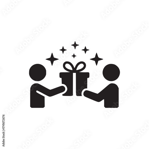 Vector art of two people exchanging a gift with stars above, symbolizing generosity, celebration, and special occasions giving and receiving
