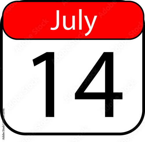 Bold July 14th calendar date displayed with vibrant red header and clear white background, perfect for event planning and scheduling needs.
