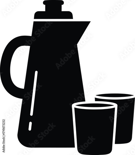 Black silhouette of a pitcher and two glasses, simple design.