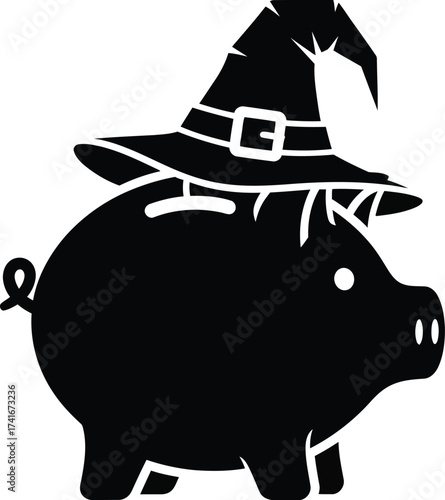 A black silhouette icon of a piggy bank wearing a pointed witch hat with a buckle, representing Halloween savings.