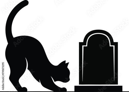Silhouette of a black cat arching its back near a tombstone, Halloween theme.