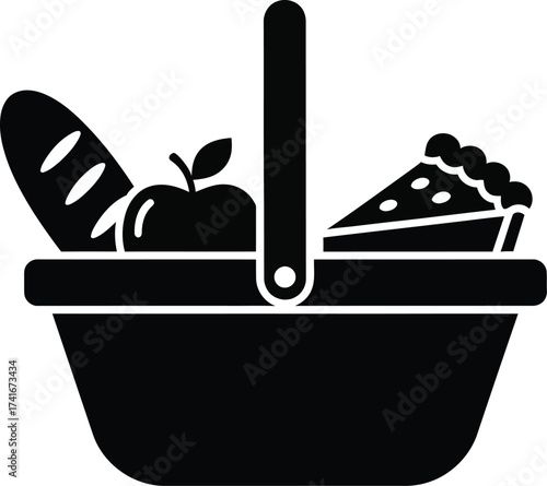 A black and white illustration of a picnic basket filled with food items including a loaf of bread, an apple, and a slice of pie.
