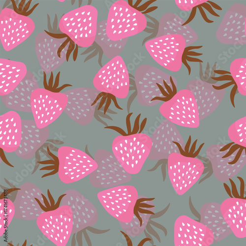Seamless pattern with strawberry on color background. Natural delicious fresh ripe tasty fruit. Vector illustration for print, fabric, textile, banner, other design. Food concept.