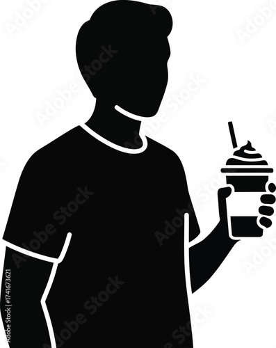 Silhouette of a person holding a disposable cup with a straw and a lid, likely containing a beverage.