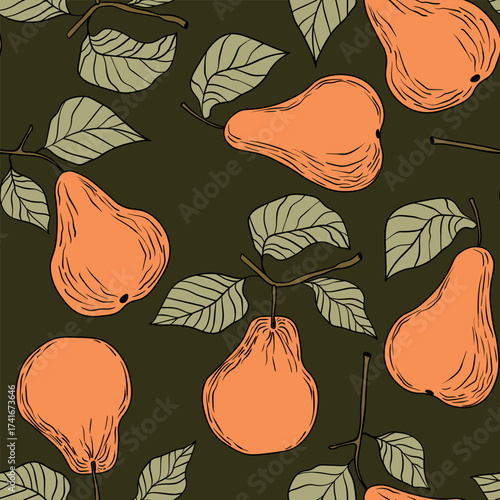 Seamless pattern with pear on color background. Natural delicious fresh ripe tasty fruit. Sweet pears with leaves. Food concept. Vector illustration for print, fabric, textile.