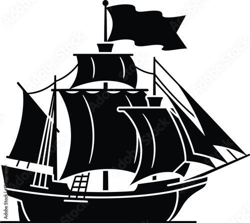 Black silhouette of a vintage sailing ship with multiple masts and sails, and a flag flying from the main mast.