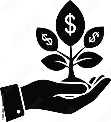 Hand holding a plant with dollar signs on the leaves, representing investment growth.