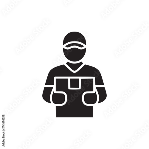 Vector art of silhouette of a delivery person holding a package, representing service and logistics in a simple and clean design