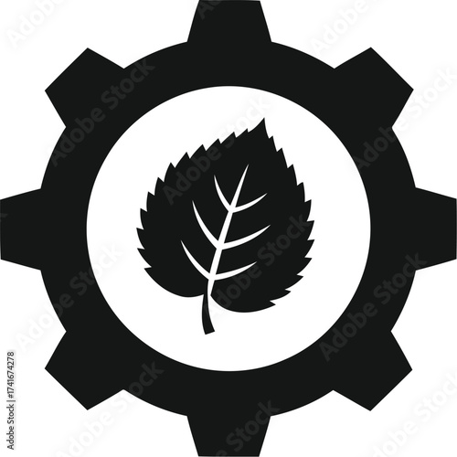 A black and white image of a gear with a leaf inside, representing environmental industry.