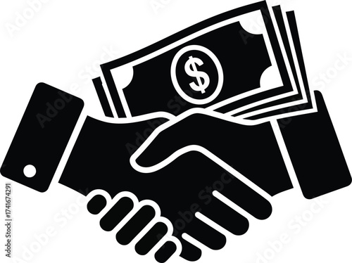 Two silhouetted hands shaking with a stack of dollar bills behind them, symbolizing a financial transaction or agreement.