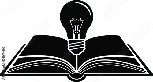 A black and white illustration of an open book with a lightbulb on top, symbolizing knowledge and ideas.