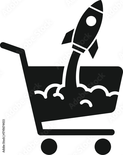 A black silhouette icon of a rocket launching from a shopping cart, symbolizing rapid business growth and e-commerce.