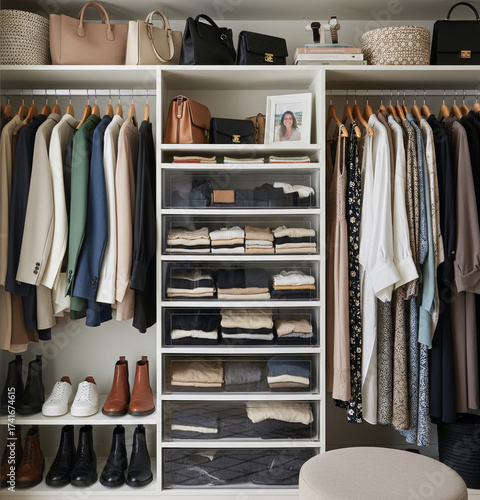 Interior contents of a couples' closet which is both tidy and full of a ample wardrobe