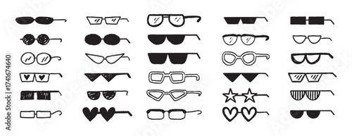 Thug glasses. Cool glasses graffiti grunge black sunglasses set, brush scribble hand drawn doodle elements