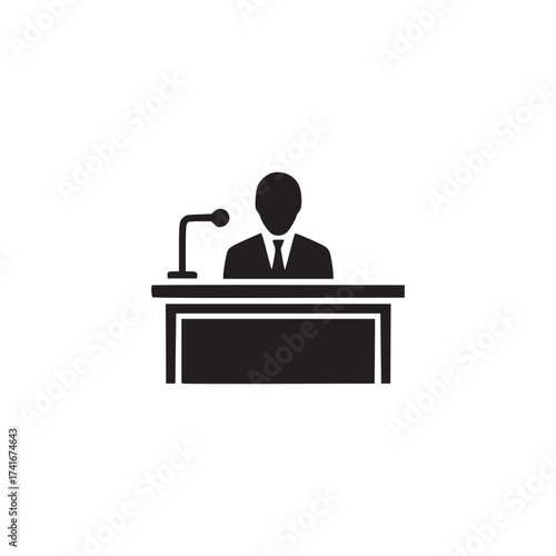Vector art of a speaker behind a podium, delivering a speech or presentation, representing public speaking, communication, and leadership skills