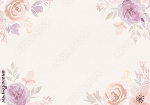 Watercolor flower frame with peach and lavender blooms. Elegant floral design for wedding card or Valentine Day invitation. Botanical art.