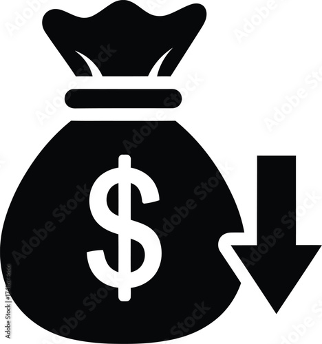 A black and white icon of a money bag with a dollar sign and a downward arrow symbolizing financial loss or cost reduction.