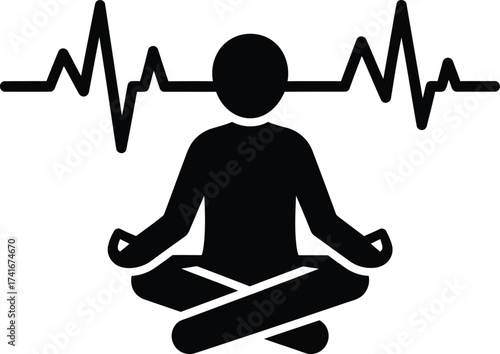 Silhouette of a person meditating with a heartbeat line above them.