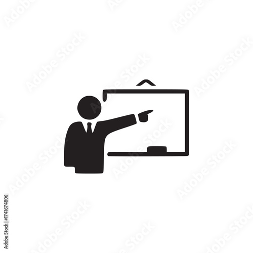 Vector art of teacher giving presentation instructor pointing at whiteboard, explaining lesson, delivering lecture, conducting training, sharing knowledge
