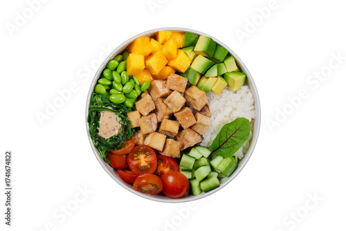 Vegan poke bowl with tofu, avocado, mango and vegetables

Japanese vegetarian sushi bowl with tofu and fresh ingredients

Colorful tofu poke bowl with avocado, cucumber and chuka
