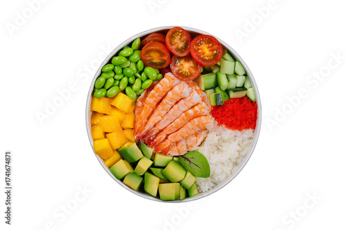 Poke bowl with shrimp, fish roe, avocado and mango

Japanese sushi bowl with shrimp, tobiko and vegetables

Colorful poke bowl with shrimp and fresh ingredients