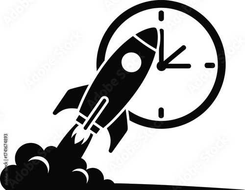 Black and white illustration of a rocket ship launching with a clock in the background.