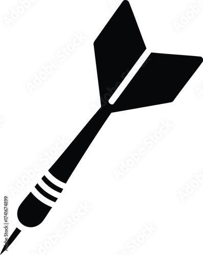 A black silhouette icon of a single dart with flights, isolated on a plain white background.