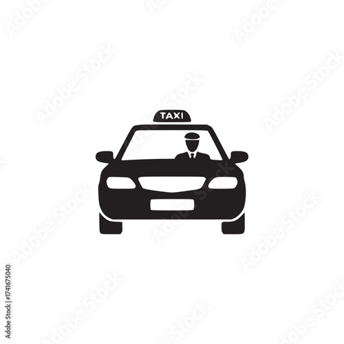 Vector art of taxi cab with driver front view of a black silhouette of a taxi car with a driver transportation service and urban transport
