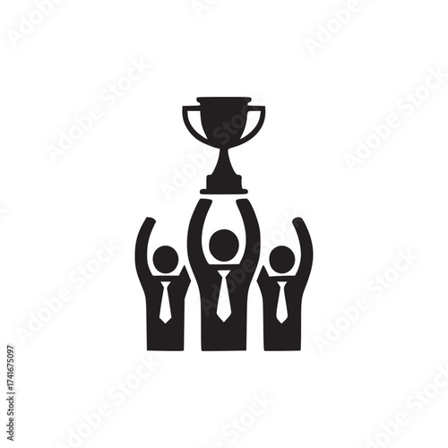 Vector art of team of business people holding trophy symbolizes success, achievement, and teamwork in a minimalist design