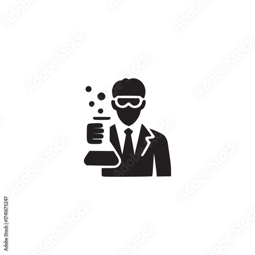 Illustration of a scientist holding a flask with bubbling liquid, wearing safety glasses, this icon represents science, research, and experimentation