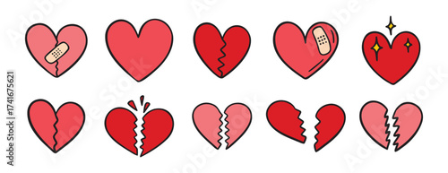 broken heart pink doodle hand drawn icon set. Outline drawing broken red hearts line clipart symbol collection