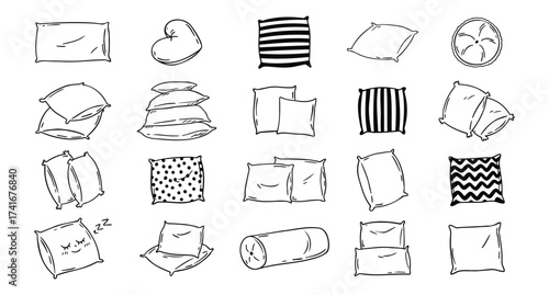 Doodle drawing pillow set. Soft pillow for sleep, outline hand drawn pillows. Rest bedroom decoration. Hand drawn cozy pillows for bed and sofa