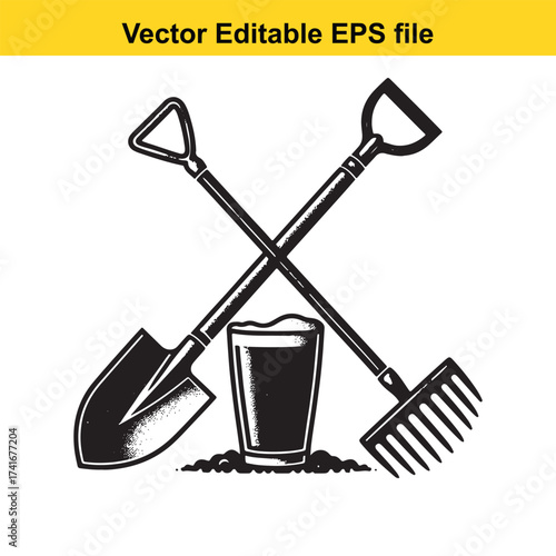 Vector art of crossed shovel and rake with a glass of beer