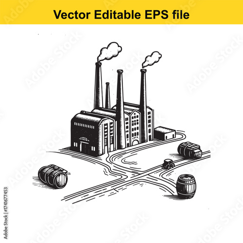 Vector art of industrial factory with smoking chimneys and barrels