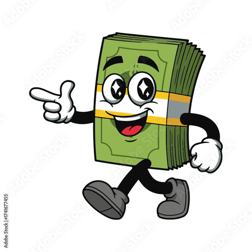 A cheerful anthropomorphic stack of us dollar bills walking with confidence and a positive attitude