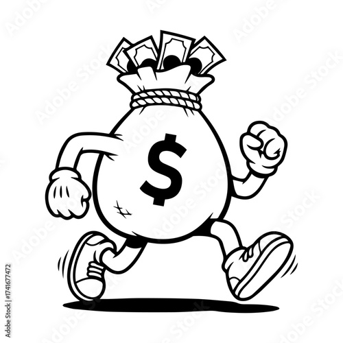 Dynamic illustration of a stylized money bag in motion with vibrant colors and a sense of financial progress and wealth accumulation