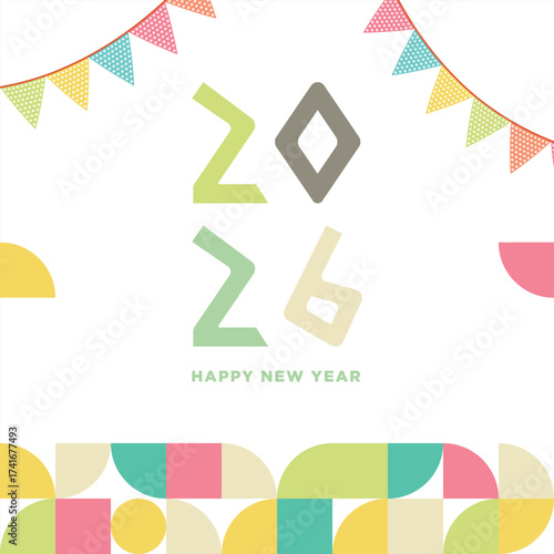 Modern and Minimalist Happy New Year 2026 Logo Concept with Festival Flag and Bauhaus Background