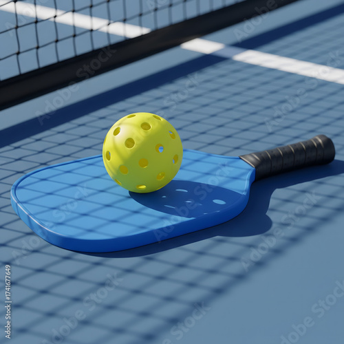 Wallpaper Mural A bright yellow pickleball rests on a blue pickleball paddle on a court, with the net's shadow cast across the scene Generative AI. Torontodigital.ca