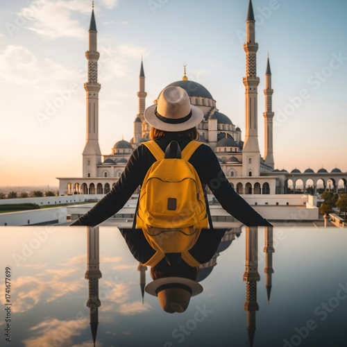 Wallpaper Mural A female in her 20s wears a straw hat and a yellow backpack, standing at the edge of a reflecting pool facing a grand mosque at sunset Generative AI. Torontodigital.ca