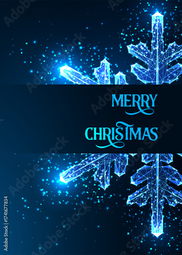 Merry Christmas glowing holiday card with abstract snowflake design on dark blue background vector
