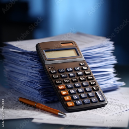 Calculator and pen resting on a stack of financial documents and papers for accounting or business calculations